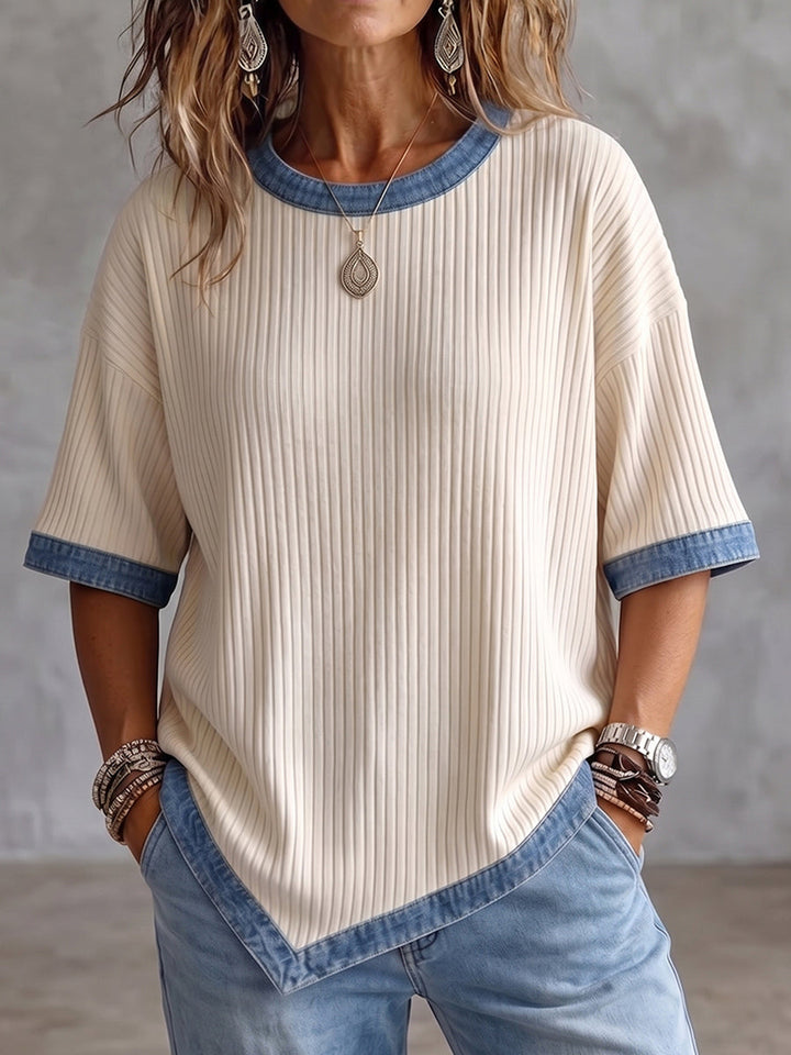 Cozy Casual Denim-paneled Knit Top