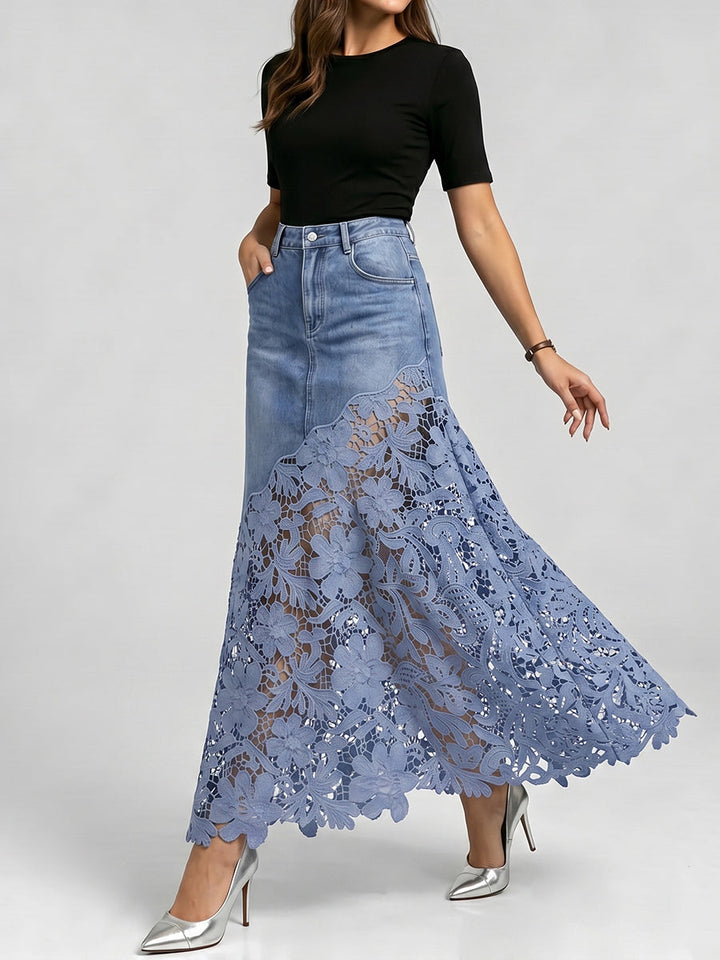 Elegant &amp; Sexy Denim Skirt With Floral Lace Hem