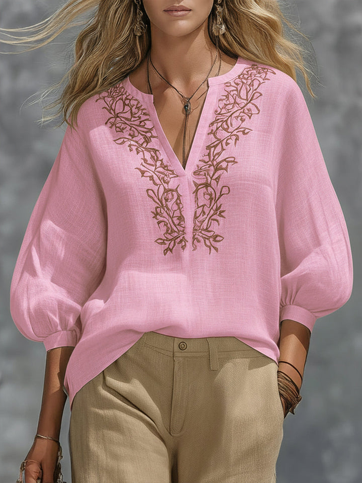 Loose-fitting V-neck Linen And Cotton Shirt