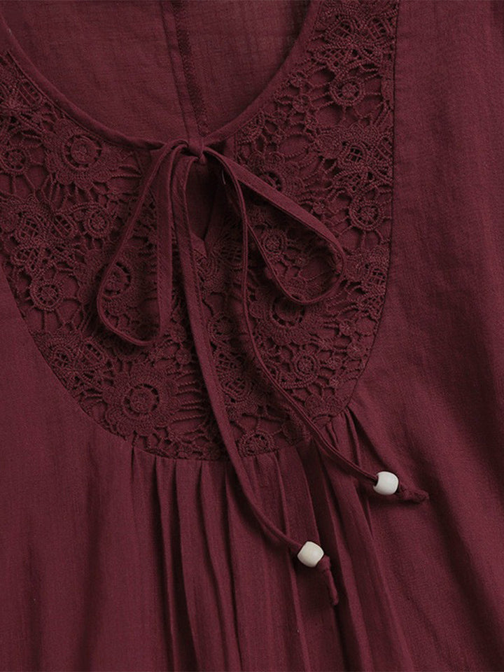 Lace-paneled Cotton-linen Top With Tie Detail — Loose-fit, Three-quarter Sleeve, Cotton-feel Fabric