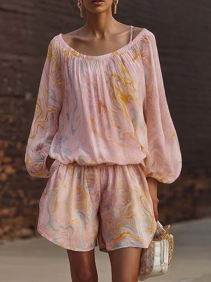 Boho Vintage Print Shirt &amp; Shorts Two-piece Set