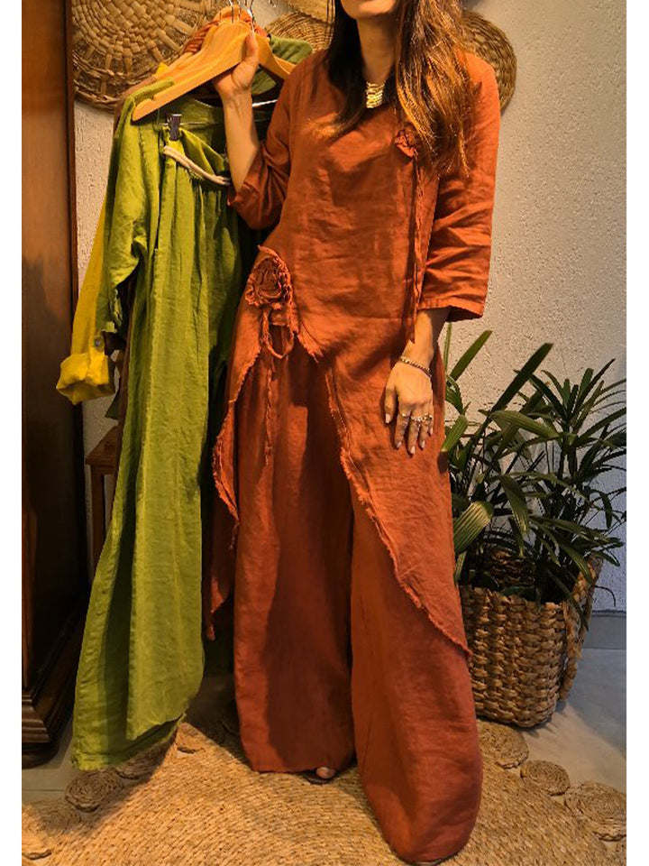 Casual Loose-fit Linen &amp; Cotton Two-piece Set: Long Top With 3d Floral Accents And Trousers
