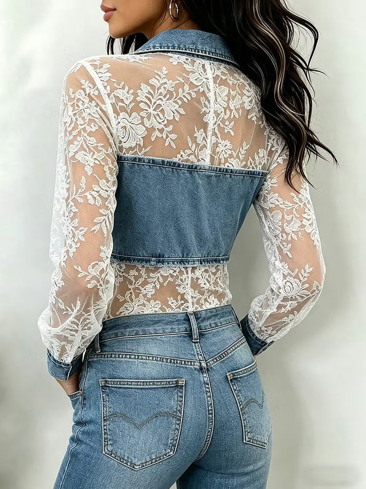 Stylish &amp; Sexy Spliced denim And Lace Shirt