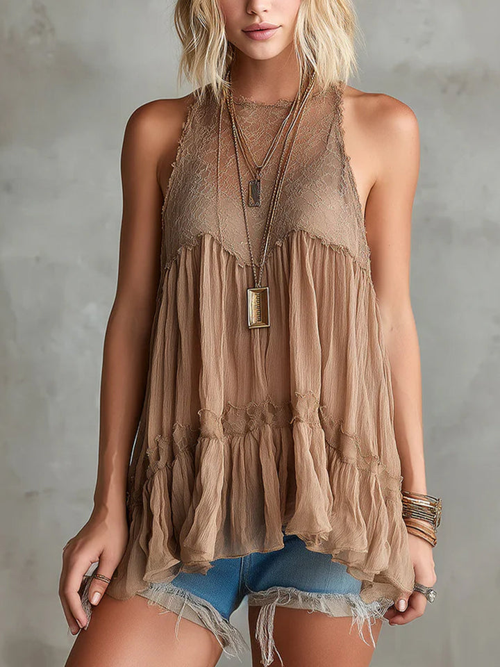 Stylish And Elegant Sleeveless Chiffon Top With Lace Paneling