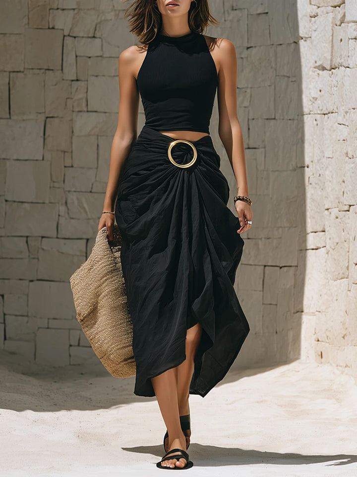 Stylish Casual Two-piece Set: Cotton Vest And Linen-cotton Skirt