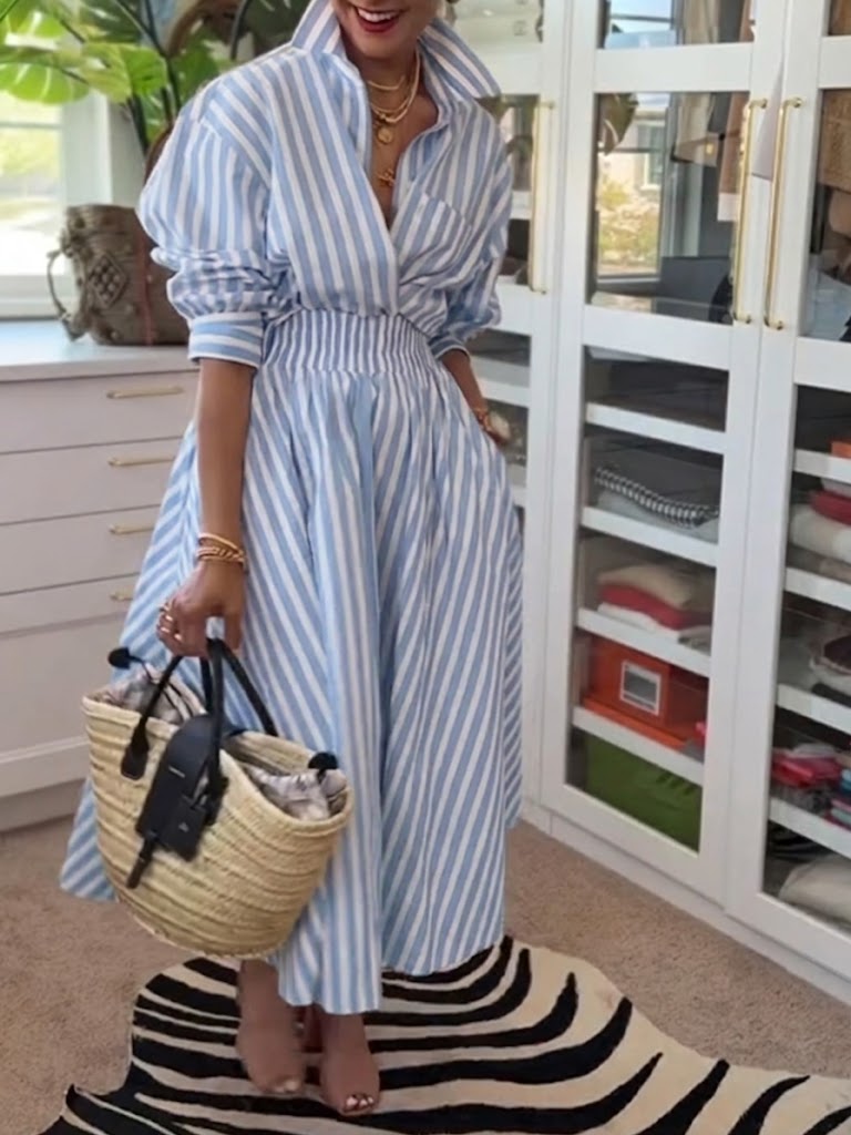 Casual &amp; Comfortable Striped Linen-cotton Shirt And A-line Skirt Two-piece Set