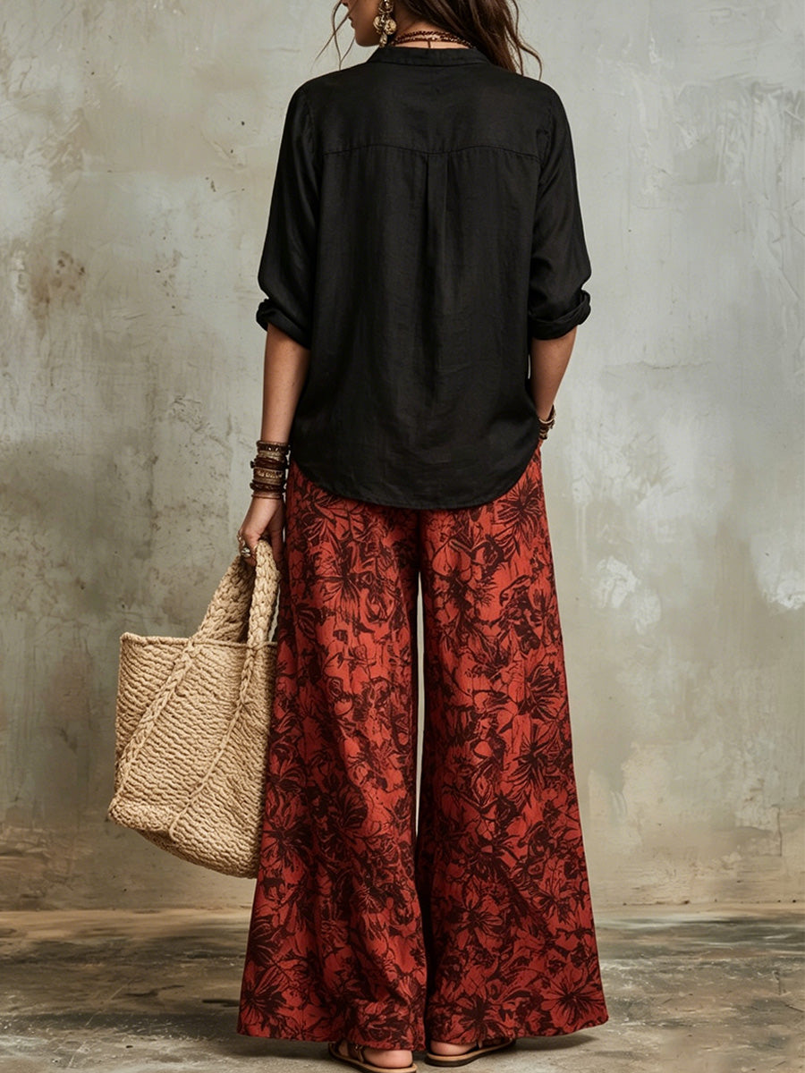 Button-down Shirt + Botanical Print Wide-leg Pants Set