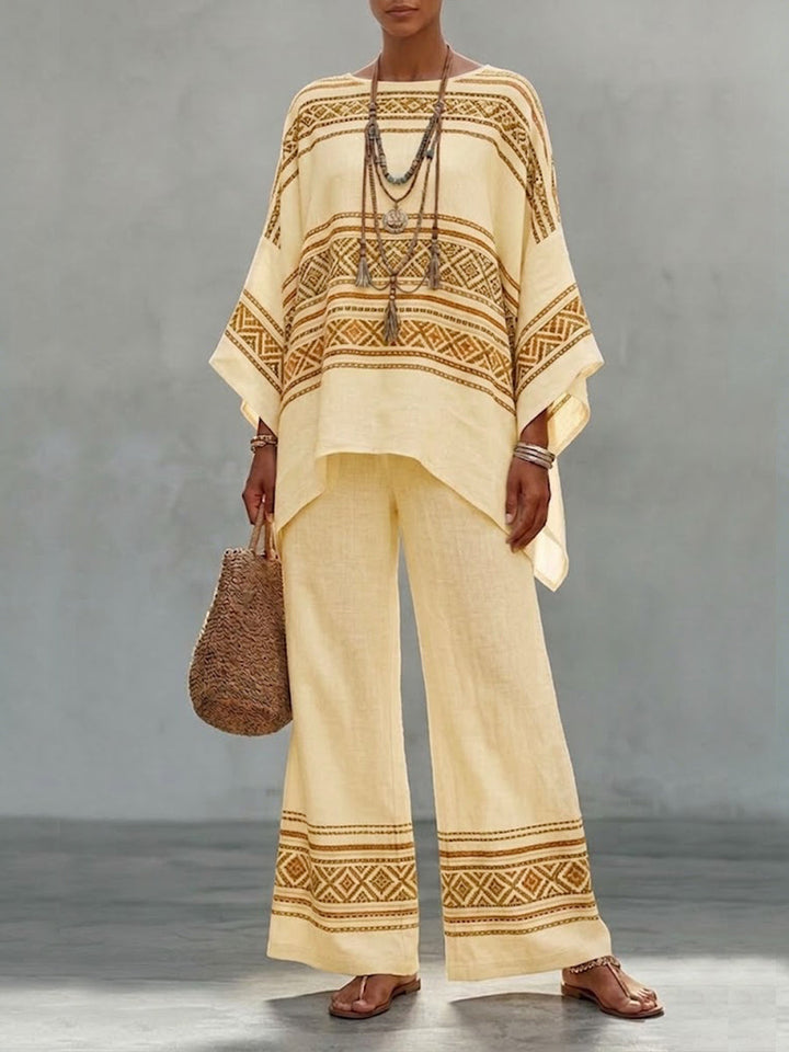 Loose-fit, Casual, Ethnic-style Two-piece Set: Geometric-print Linen &amp; Cotton Top And Pants