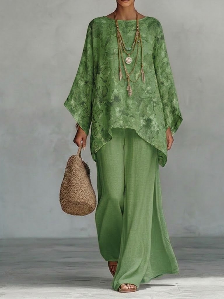 Casual Two-piece Set: Floral-print Linen &amp; Cotton Top And Solid-color Trousers