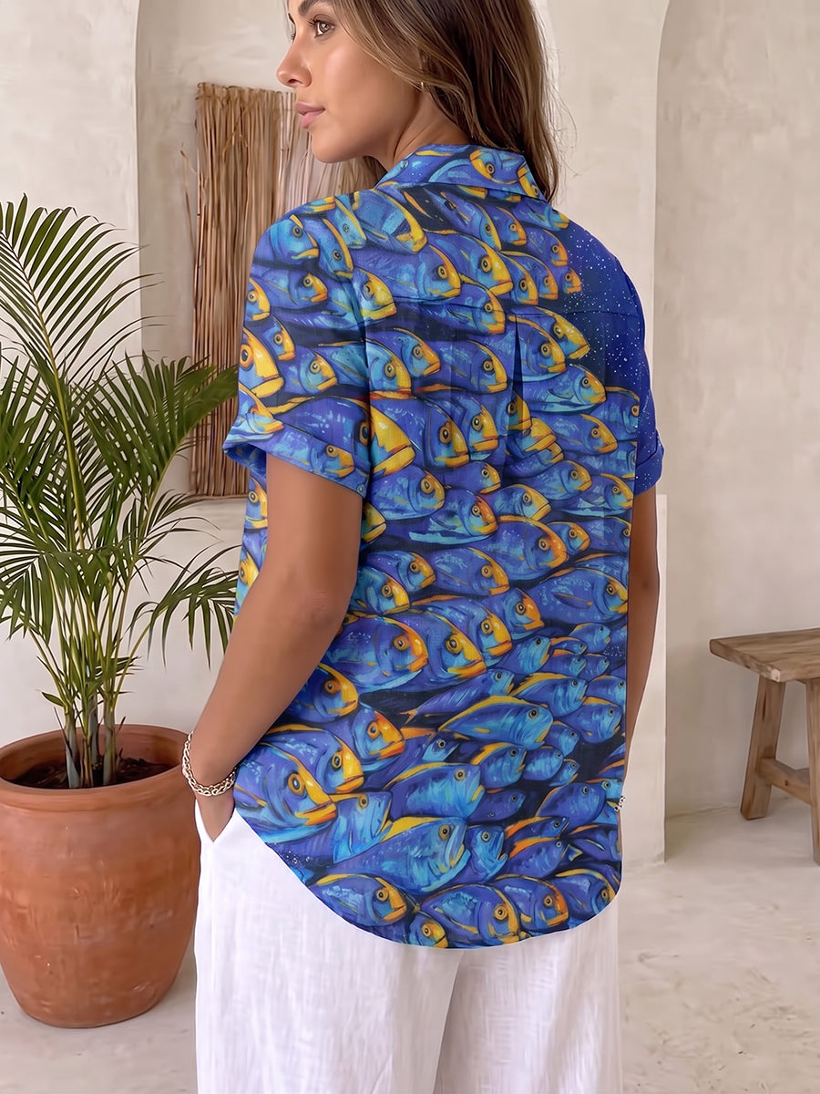 "Deep Sea Dream" Fish Print Cotton-linen Shirt