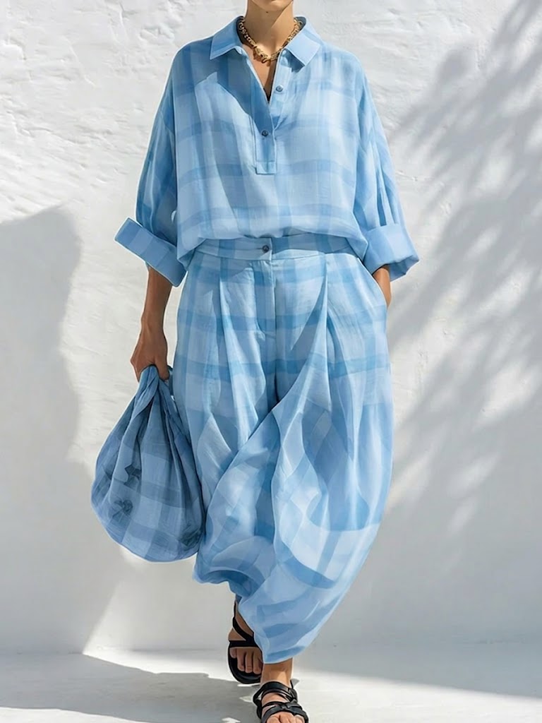 Loose-fit Casual Plaid Linen &amp; Cotton Shirt And Wide-leg Pants Two-piece Set