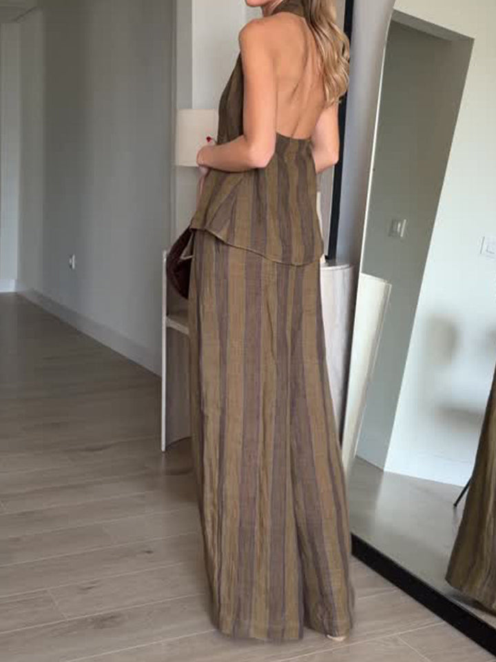 Stylish Casual Striped Backless Linen-cotton Top And Wide-leg Pants Two-piece Set