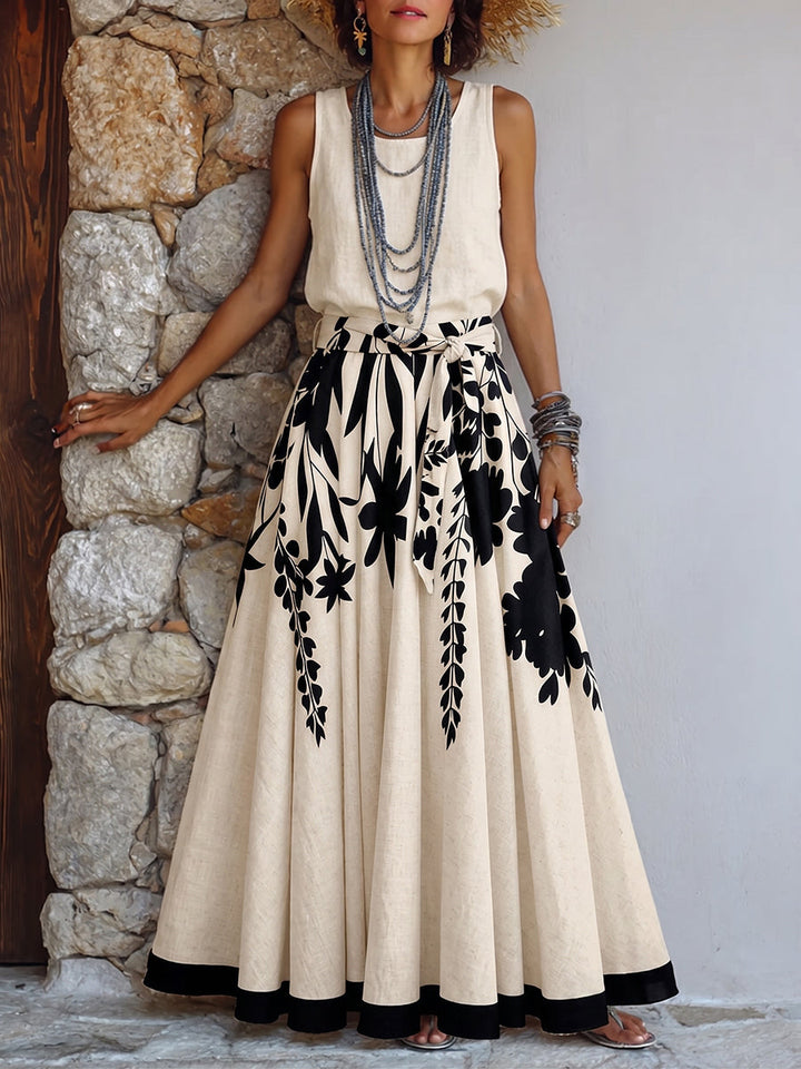 Artistic Floral &amp; Leaf Print Cotton-linen Two-piece Set (skirt &amp; Top)