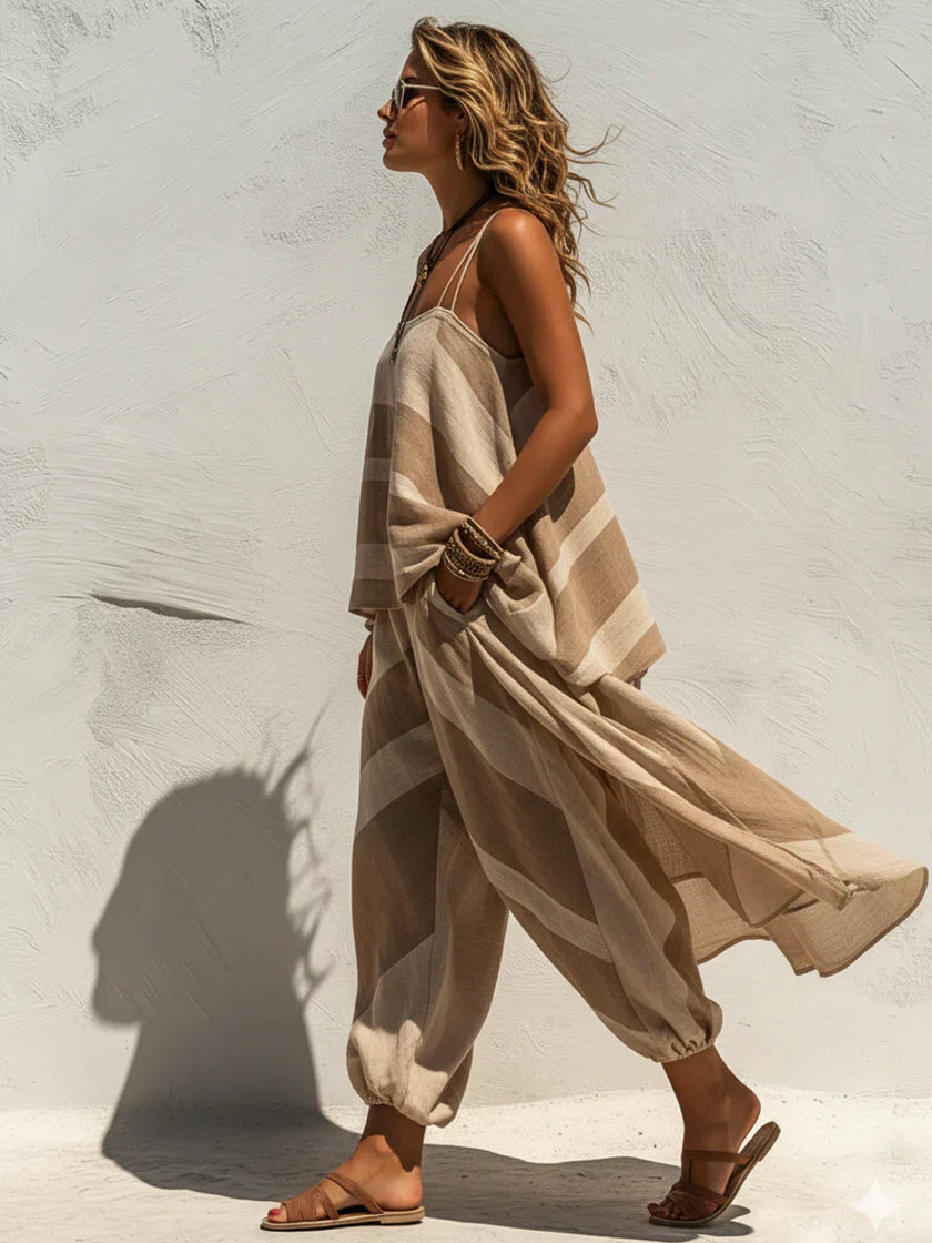 Cozy &amp; Casual Striped Linen-cotton Two-piece Set: Long Spaghetti-strap Top And Lantern Pants
