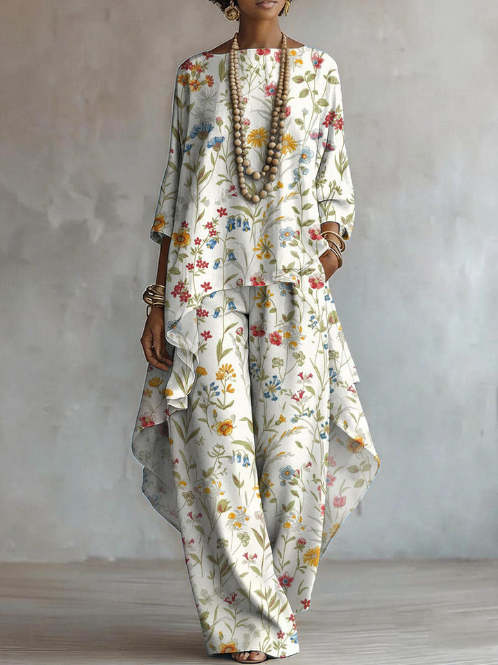 Elegant Retro Flowers Print Two-piece Set