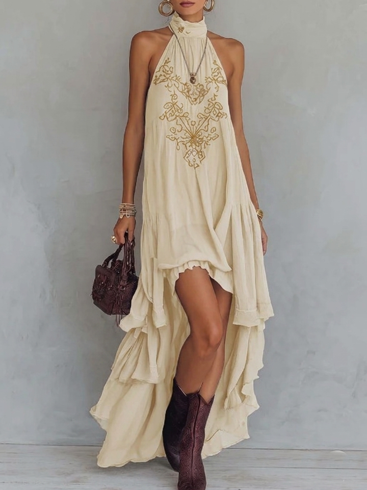 Retro Halter Neck Irregular Ruffle Maxi Dress