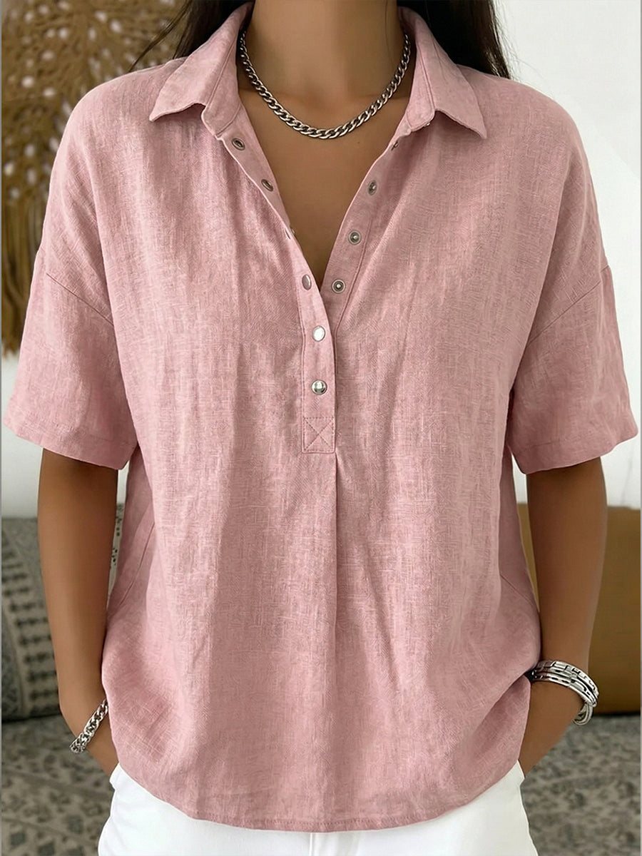 Women’s Cotton Linen Polo Shirt – Casual Short Sleeve Summer Top