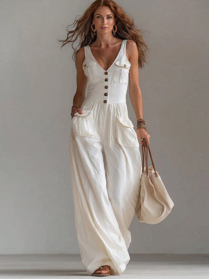 Casual V-neck Button-front Jumpsuit