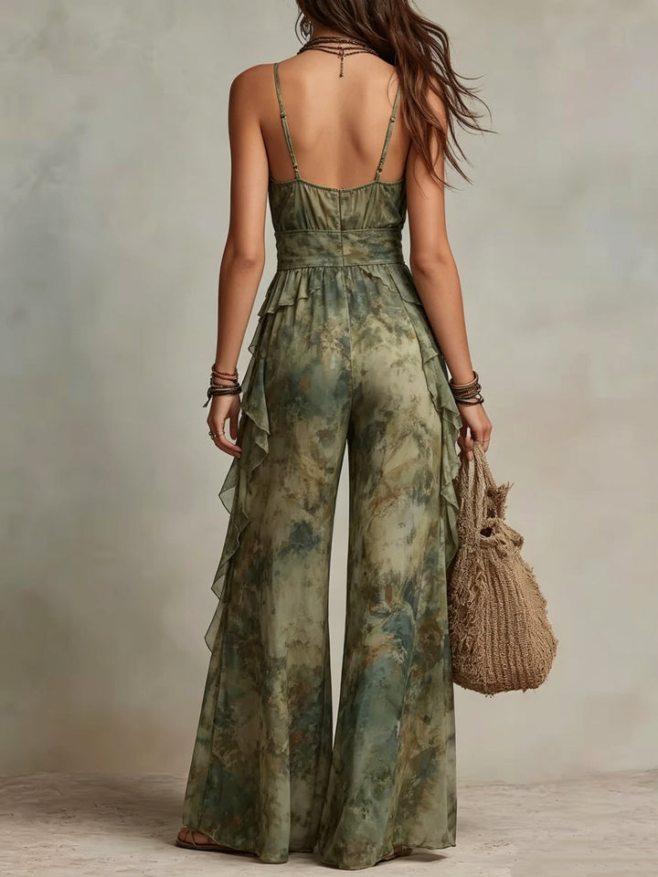 Green Watercolor Print Tiered Ruffle Chiffon Halter Neck Jumpsuit