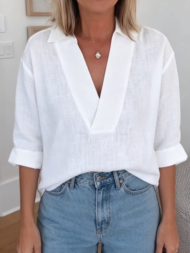 Minimalist &amp; Cozy V-neck Cotton-linen Blouse