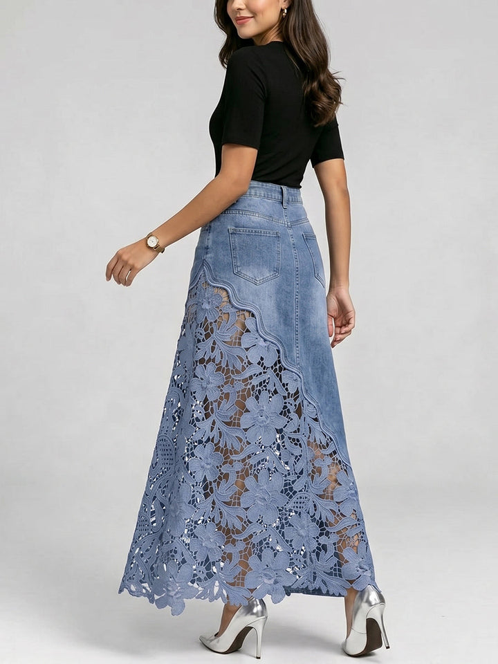 Stylish &amp; Sexy Lace-paneled Cutout Denim Skirtv