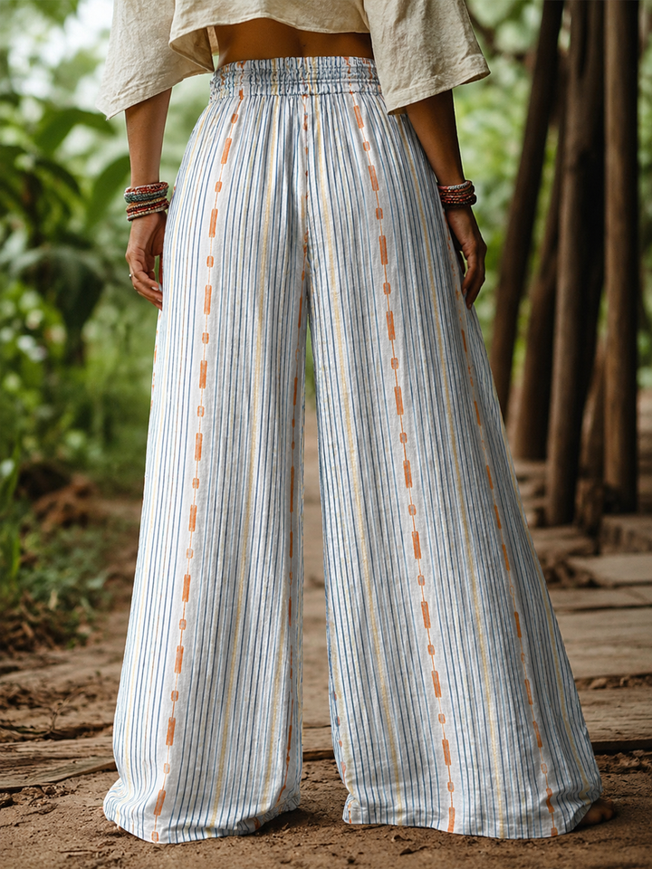 Blue &amp; Orange Geometric Stripe Cotton-linen Elastic Waist Wide-leg Pants