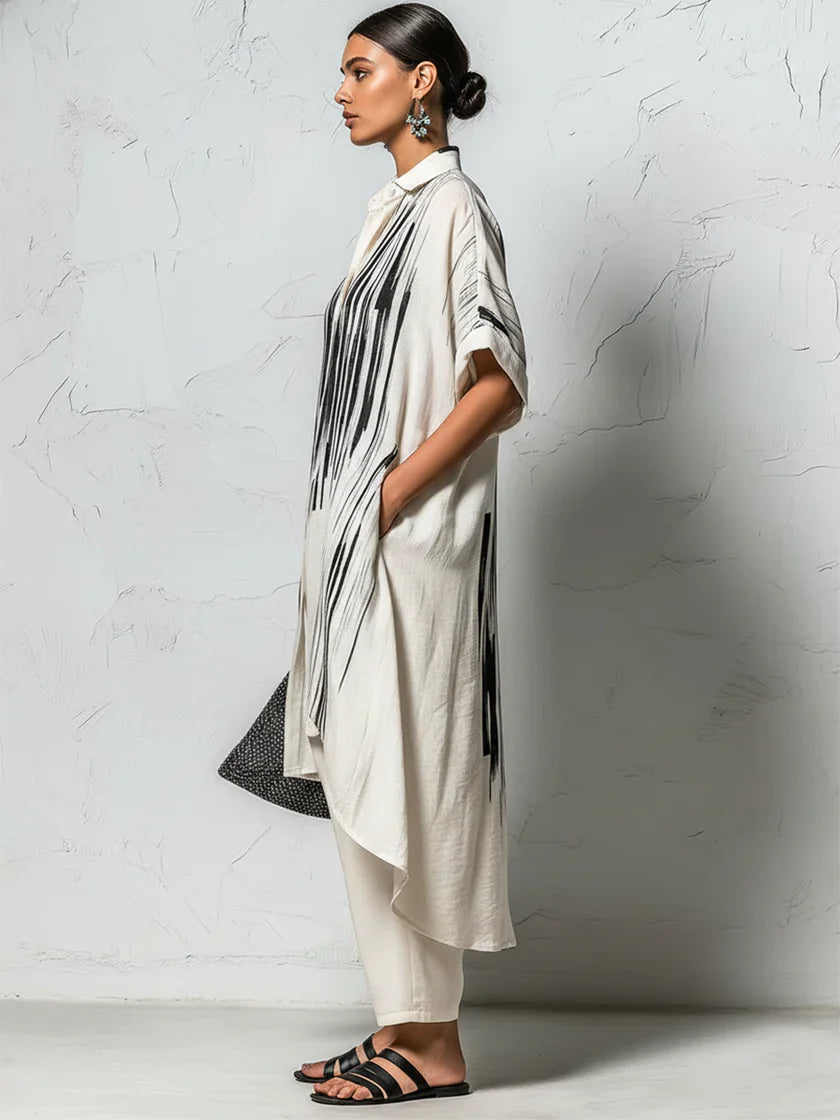 Loose-fit Casual Two-piece Set: Artistic Print Linen &amp; Cotton Long Shirt And Trousers