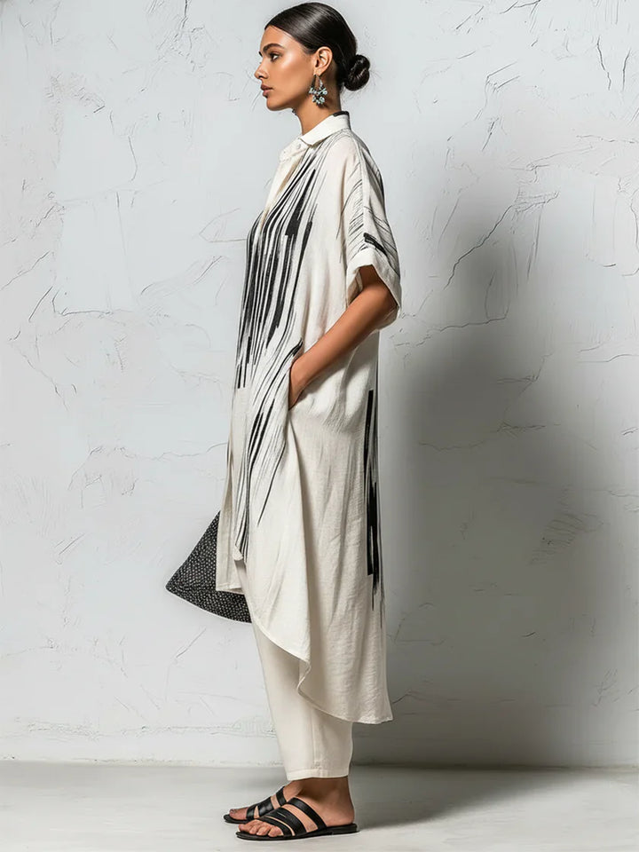 Loose-fit Casual Two-piece Set: Artistic Print Linen &amp; Cotton Long Shirt And Trousers