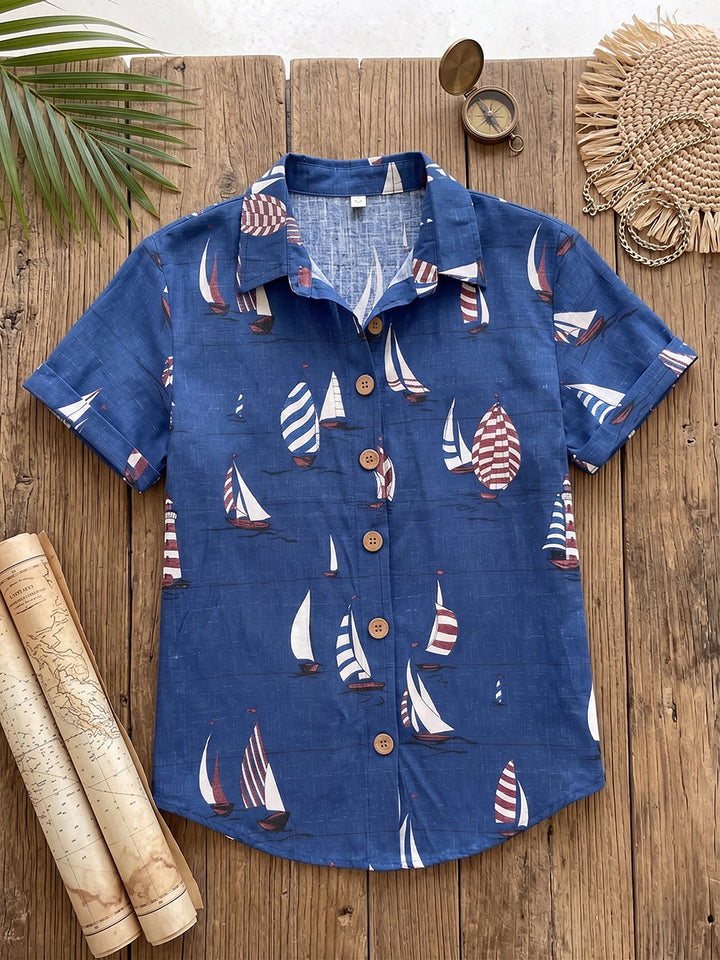 " Sailing Day ” Sailboat-print Cotton-linen Shirt