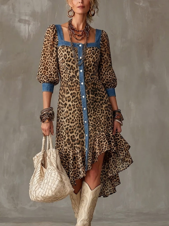Casual Spliced denim &amp; Leopard-print Chiffon Dress