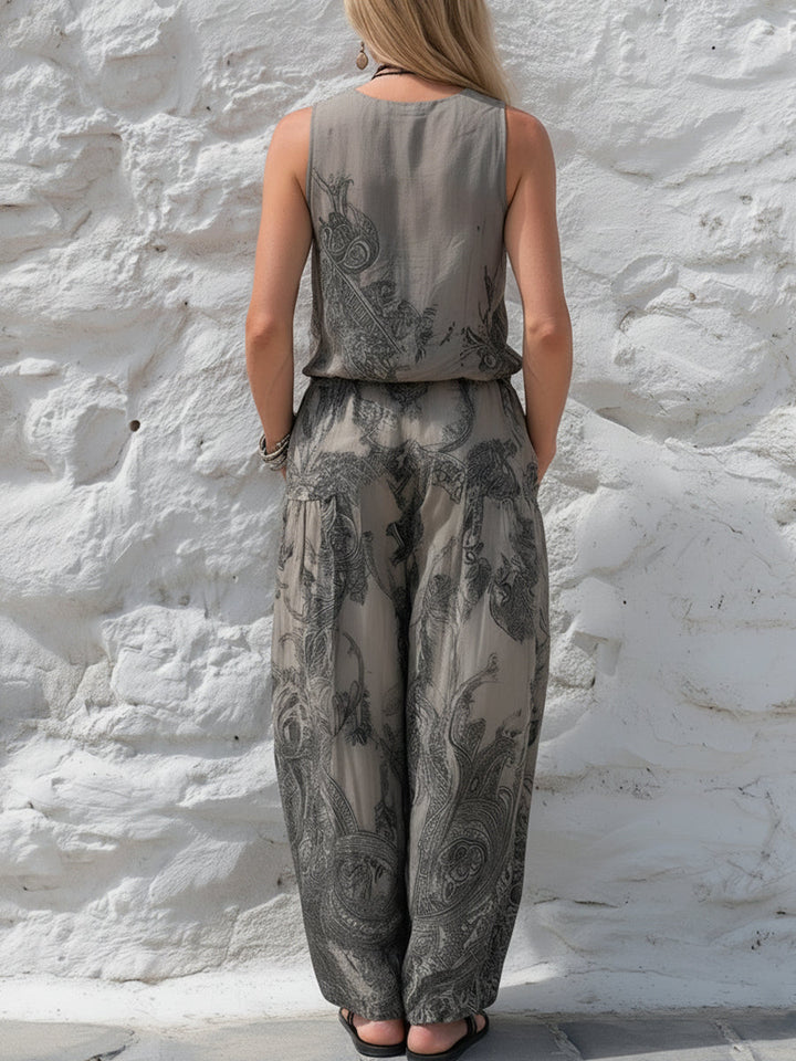 Paisley Print Sleeveless V-neck Top + Harem Pants Set