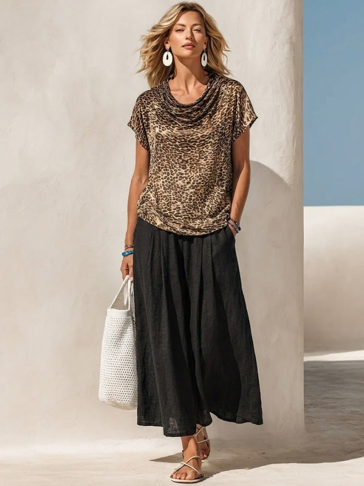 Casual &amp; Cozy Leopard Print Cowl-neck Linen-cotton Top And Skirt Two-piece Set