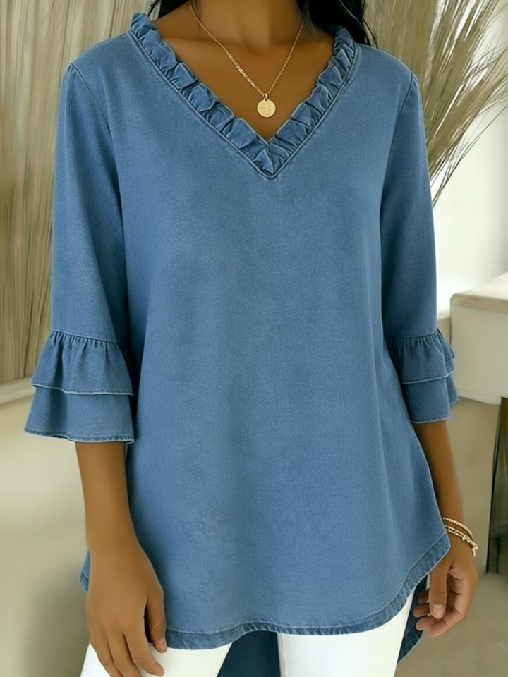 Cozy Ruffled V-neck Denim Cotton Top