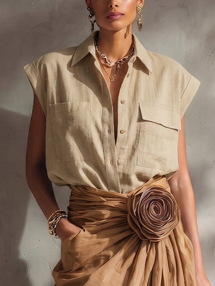Elegant &amp; Minimalist Polo Collar Cotton-linen Shirt