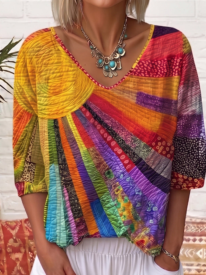 Boho Geometric Sun Print V-neck Cotton T-shirt