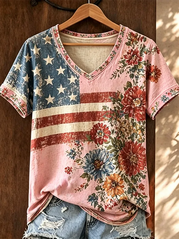 Retro Floral Print Cotton T-shirt