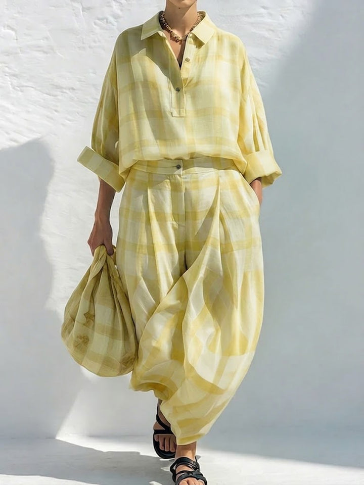 Loose-fit Casual Plaid Linen &amp; Cotton Shirt And Wide-leg Pants Two-piece Set