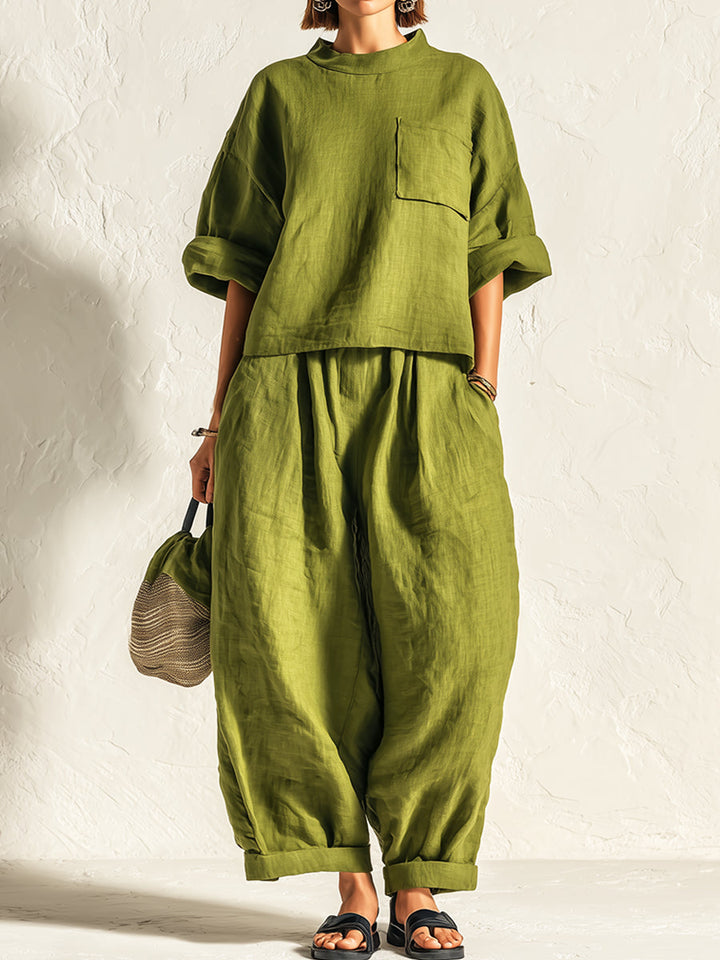 Linen-cotton Drop Shoulder Top &amp; Baggy Pants Set
