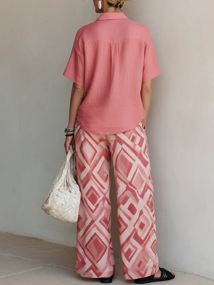 Casual Linen And Cotton Short-sleeve Shirt And Geometric-print Pants Two-piece Set