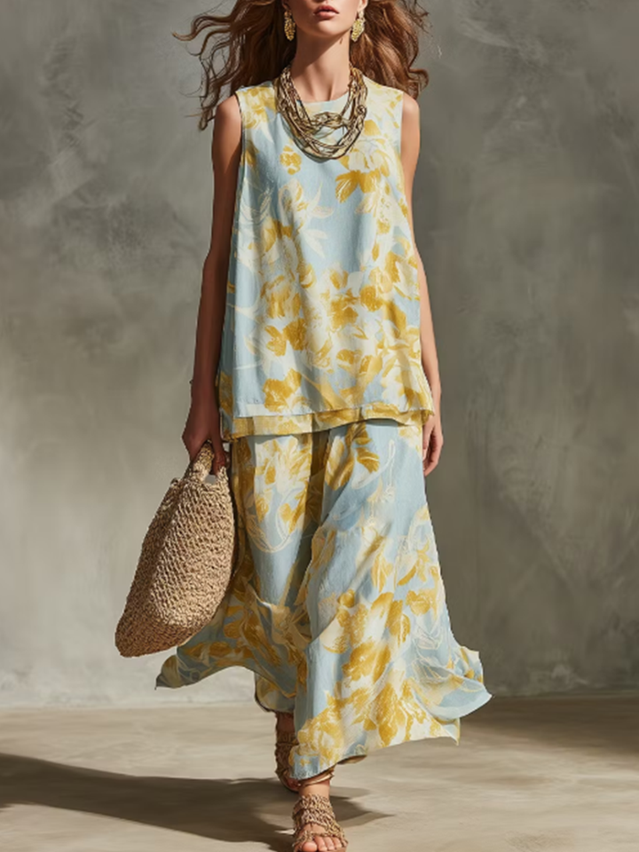 Floral Print Sleeveless Top &amp; Wide-leg Pants Set