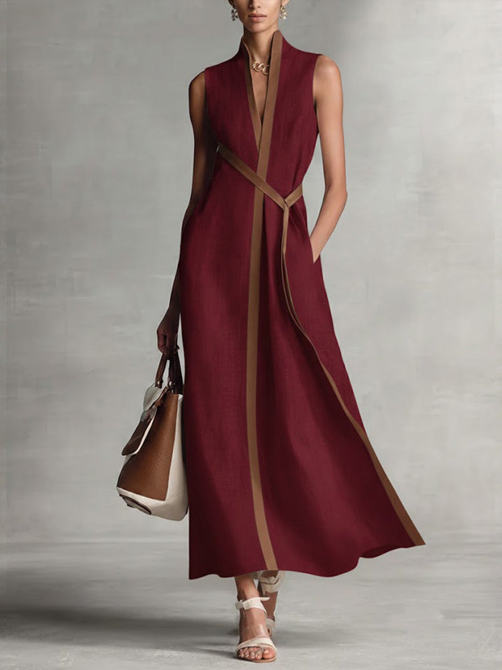 Women’s Stand-Up Collar Sleeveless Casual Loose Cotton and Linen Dress