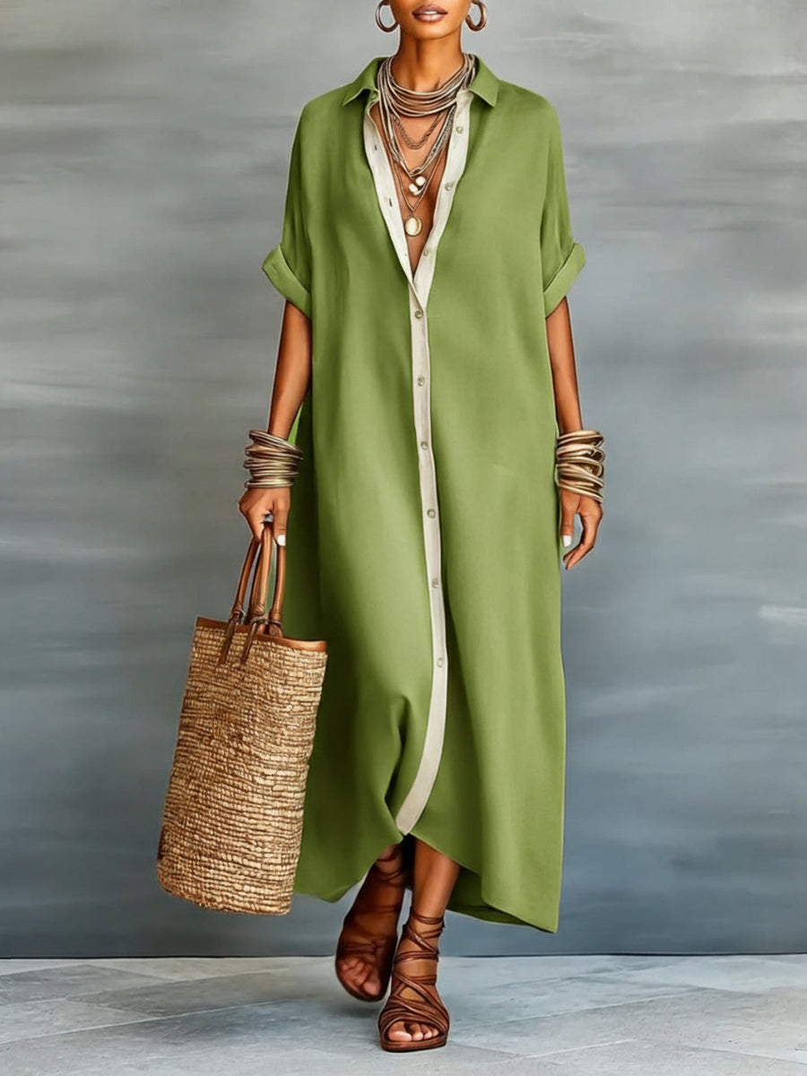 Women’s Linen &amp; Cotton Shirt Dress – Casual Loose Fit Summer Midi Dress