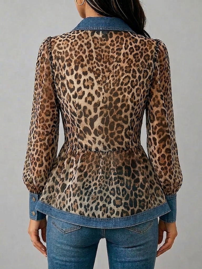 Casual &amp; Stylish Spliced denim And Leopard Print Shirt