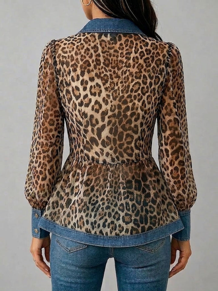 Casual &amp; Stylish Spliced denim And Leopard Print Shirt