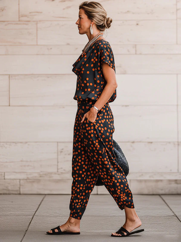 Casual &amp; Cozy Polka-dot Cowl-neck Top And Pants Two-piece Set