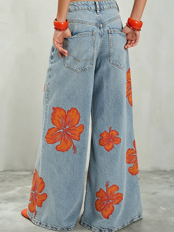 Light-wash Floral-print Wide-leg Jeans