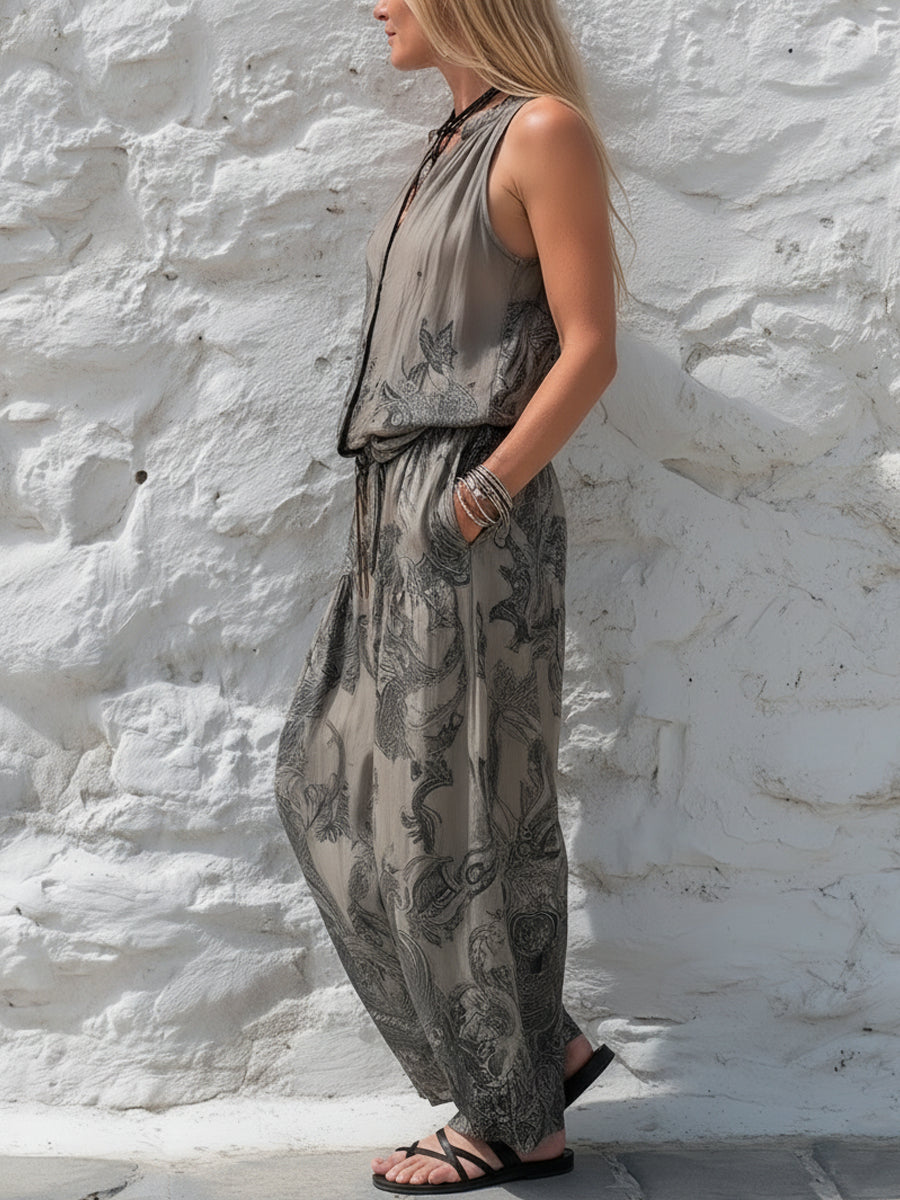 Paisley Print Sleeveless V-neck Top + Harem Pants Set