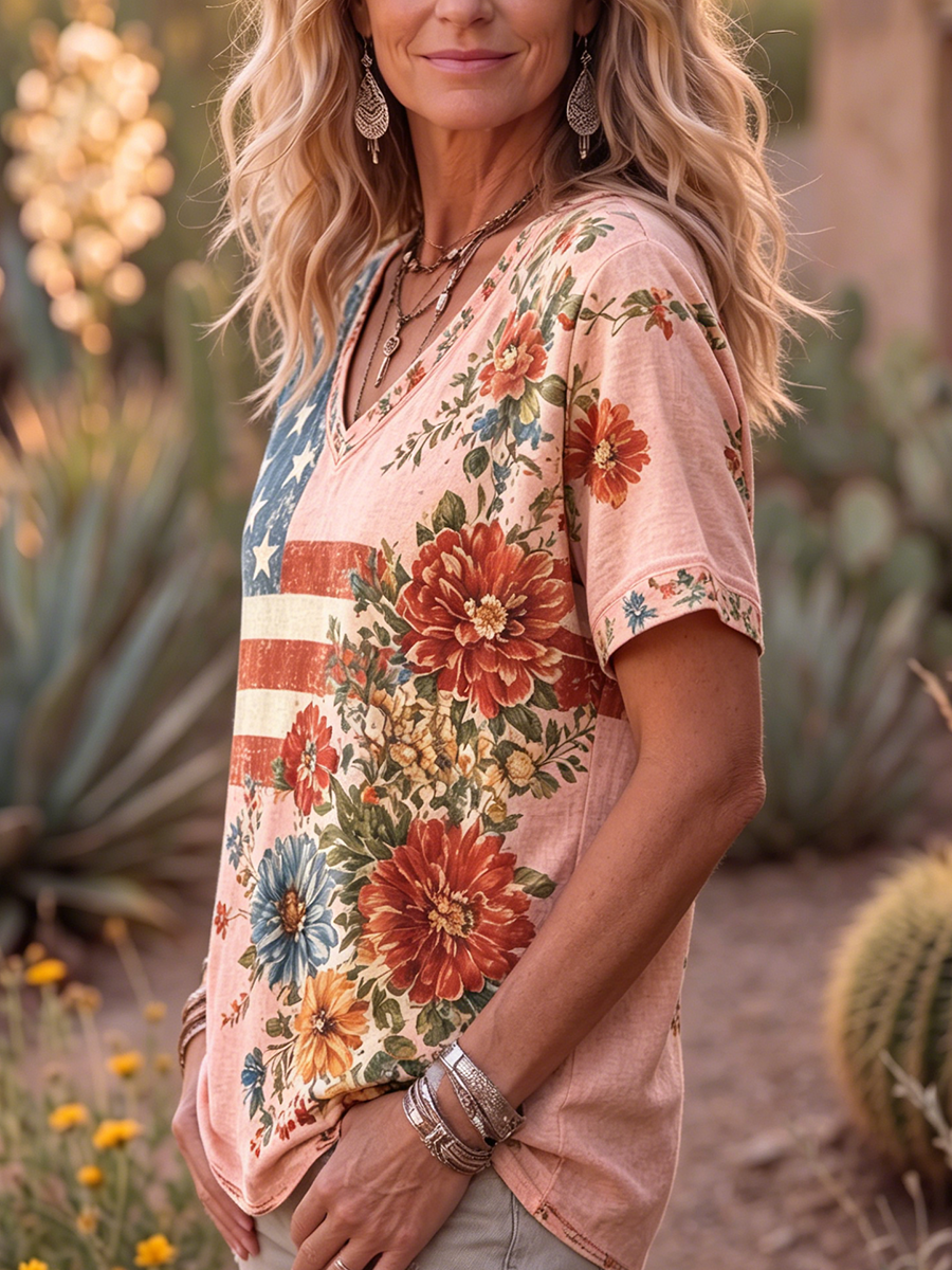 Retro Floral Print Cotton T-shirt
