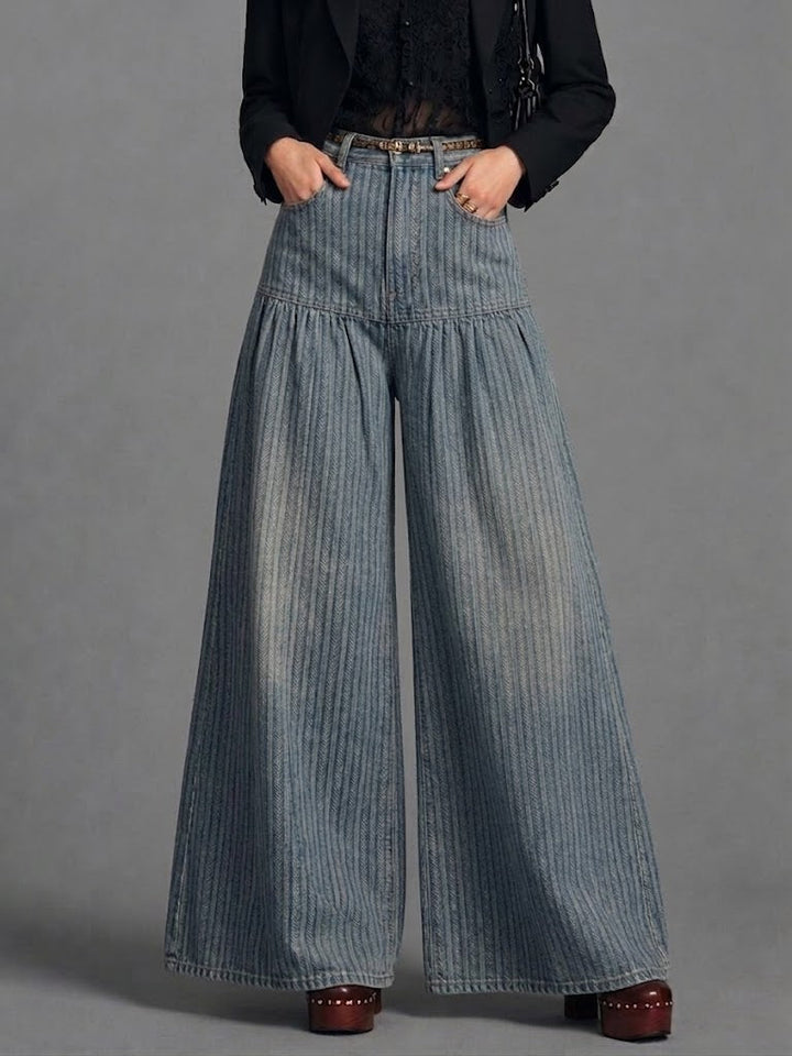 Retro Striped Print Wide-leg Jeans