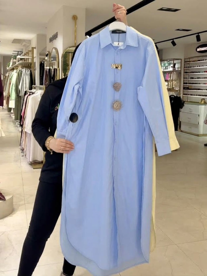 Casual Long-sleeve Cotton Long Shirt With Side Slits